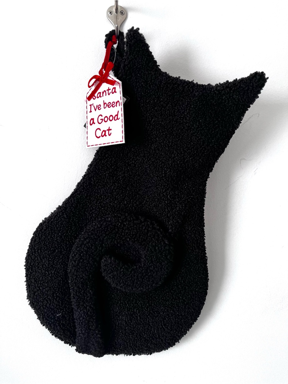 Black Cat Shaped Christmas Stocking Plush Fuzzy Santa I’ve Been A Good Cat Lined